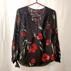 Le Chateau Black Blouse with Black and Red Floral and Lace Detail